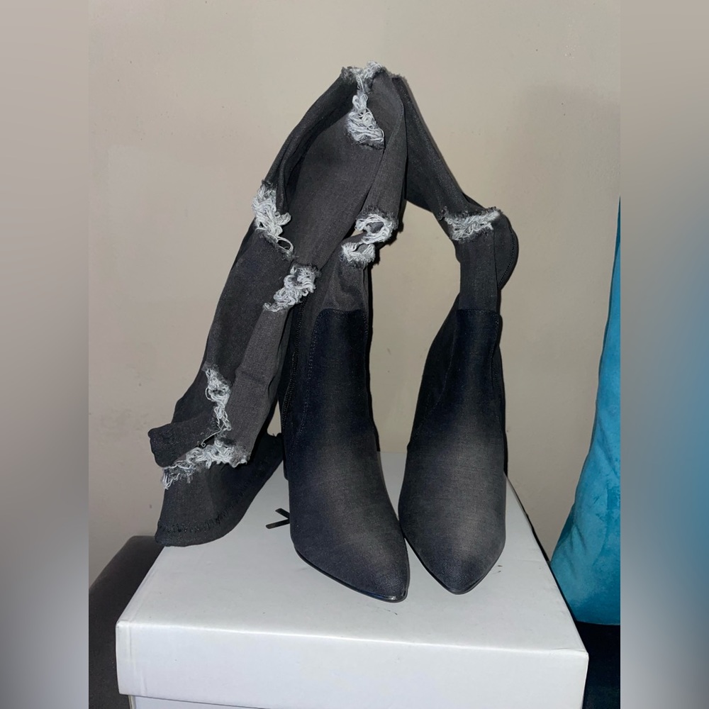 Black Ripped Denim Boots